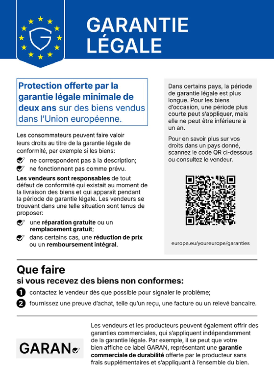 Avis harmonisé de l'Union européenne sur la garantie légale de conformité de deux ans au minimum