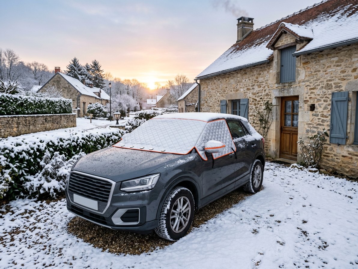 SUV garé devant une maison de village enneigée, bâche Premium en place : 5 aimants, rabats dans les portières, housses de rétroviseurs (visuel de synthèse)