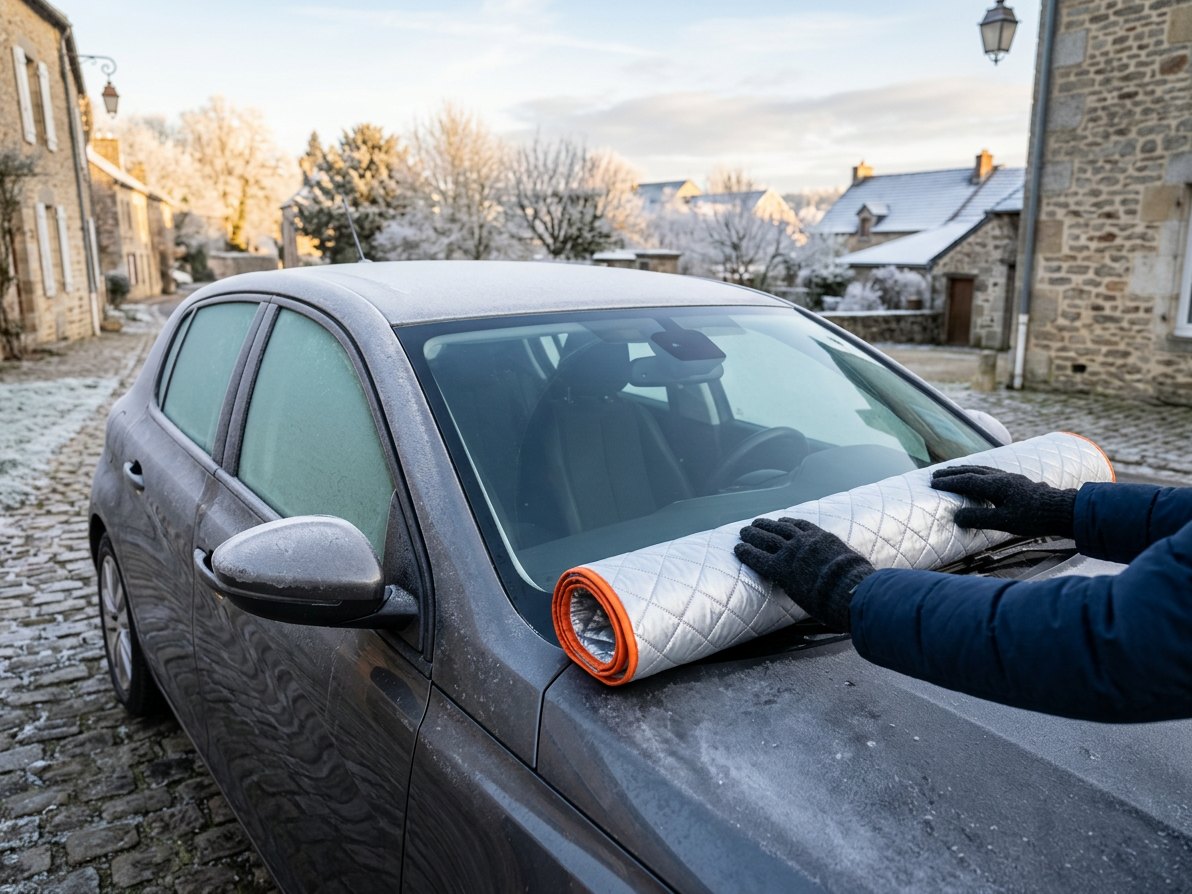 Le matin, on enroule la bâche : le pare-brise est dégagé, le reste de la voiture est givré (visuel de synthèse)