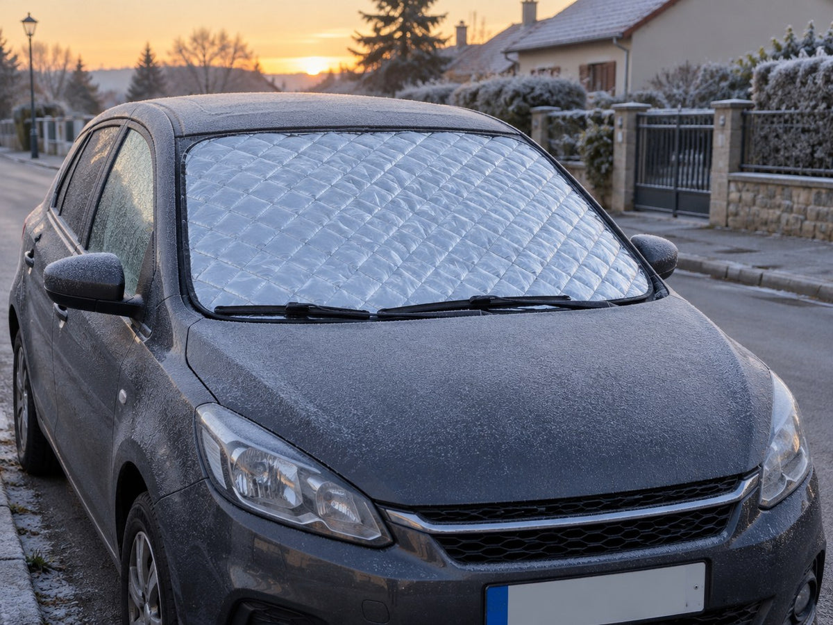 Modèle Standard posé sur le pare-brise d'une citadine givrée, tenu par les essuie-glaces, sans aimants ni housses (visuel de synthèse)